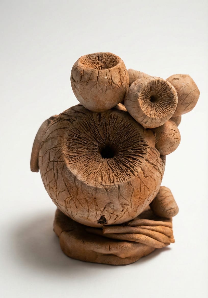 Artist sculpting terracotta clay in studio